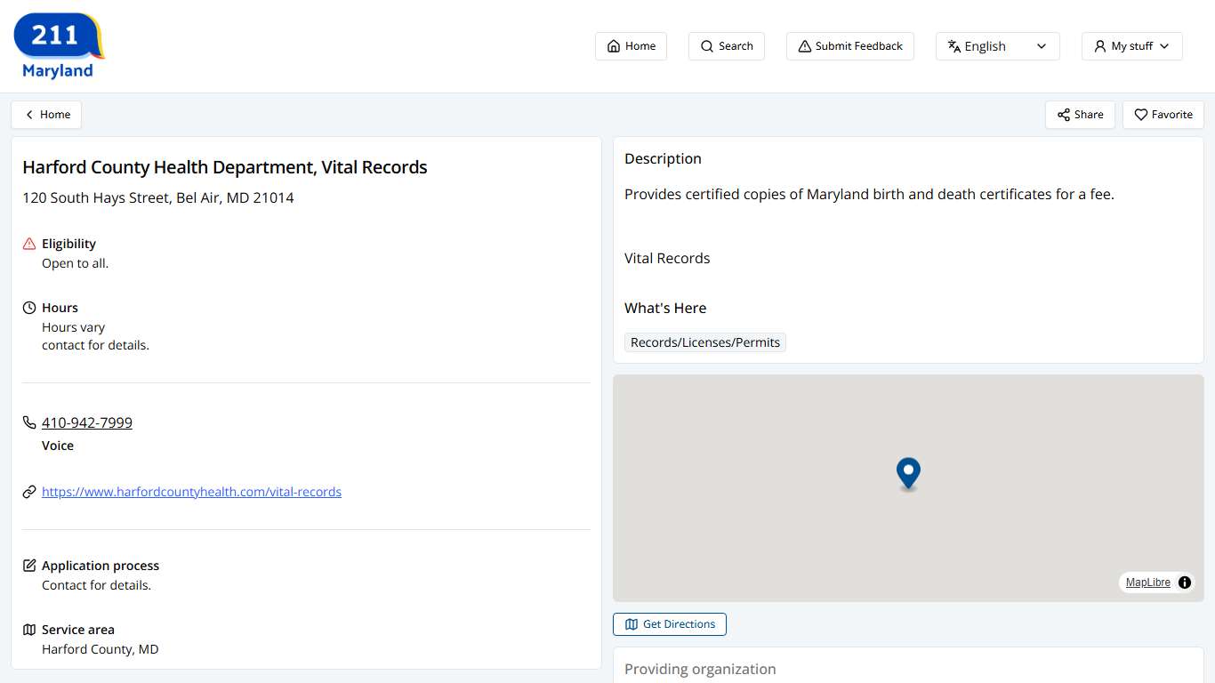 Harford County Health Department, Vital Records
